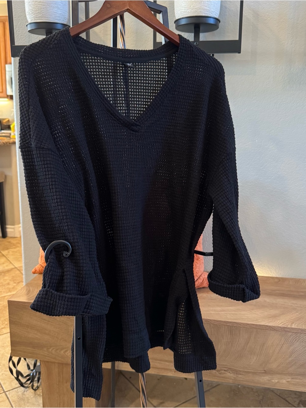 Black Waffle Knit V-Neck Lightweight Sweater